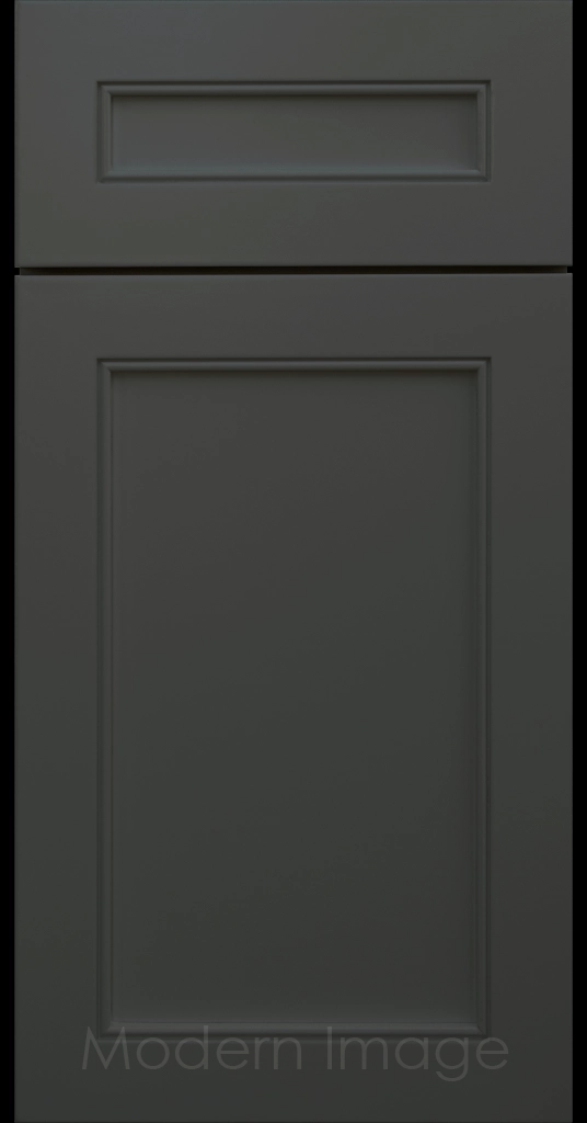 Highland Iron Ore painted Shaker kitchen cabinet door with wide rails and a flat center panel.